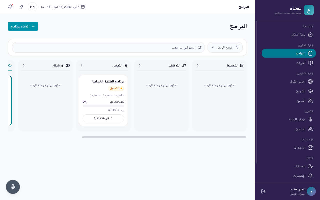 لوحة كانبان للبرامج بستة أعمدة تمثل المراحل