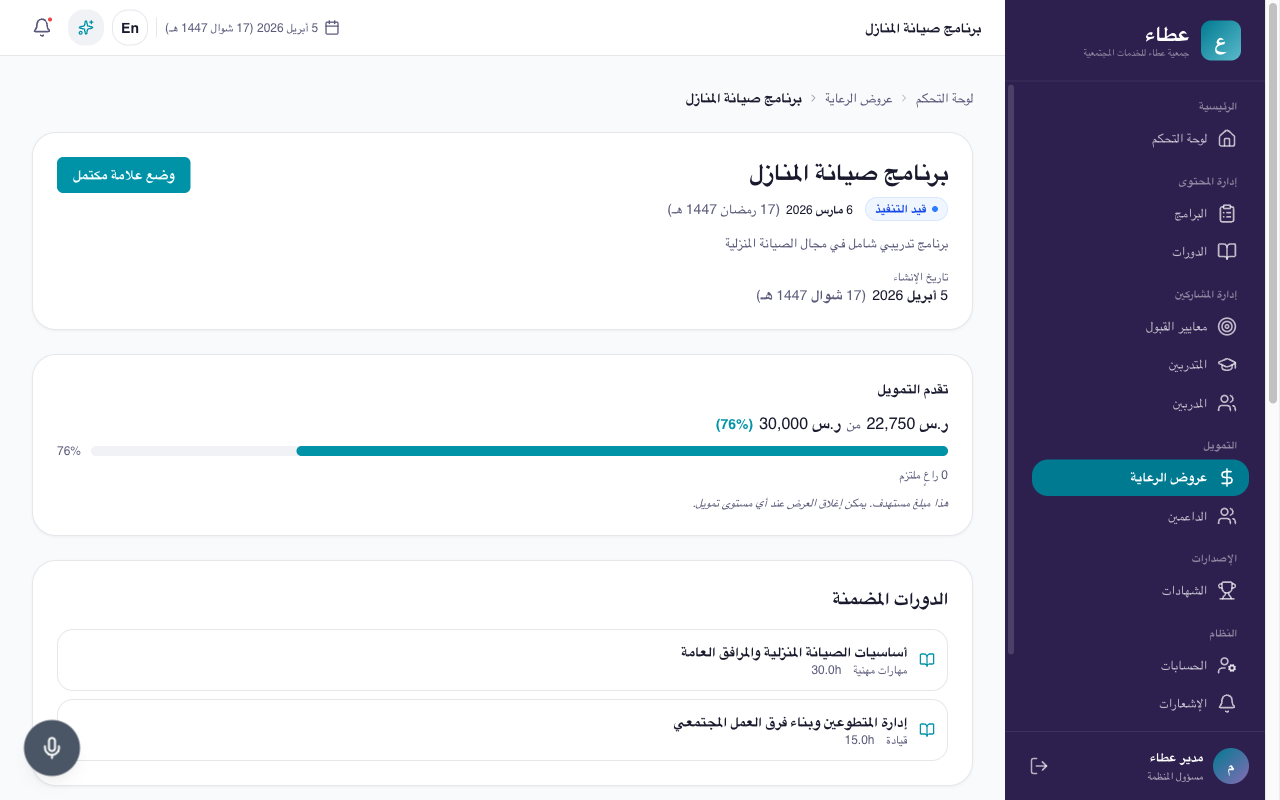 تفاصيل عرض الرعاية مع شريط التقدم وقائمة الدورات