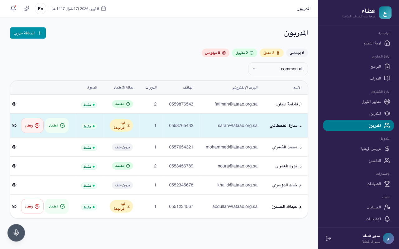 قائمة المدربين مع فلاتر حالة الاعتماد