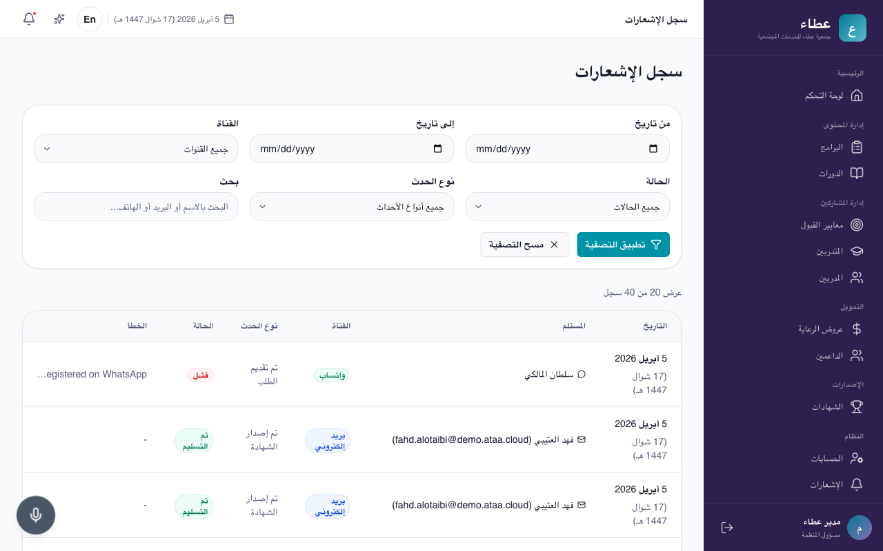 سجل الإشعارات مع شريط فلاتر وجدول القنوات والحالات